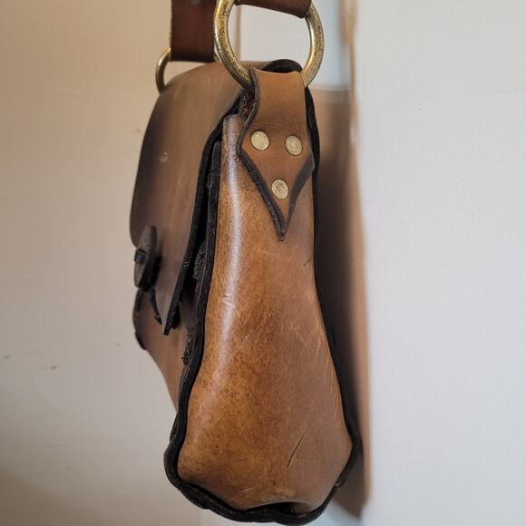 Seventies Brown Leather Boho Shoulder Bag Soft Hippie Vibe Wanderer Retro Style - Picture 5 of 12